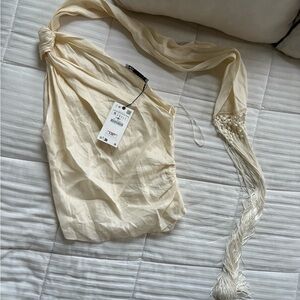 Zara linen One Shoulder Tank with Fringe Scarf